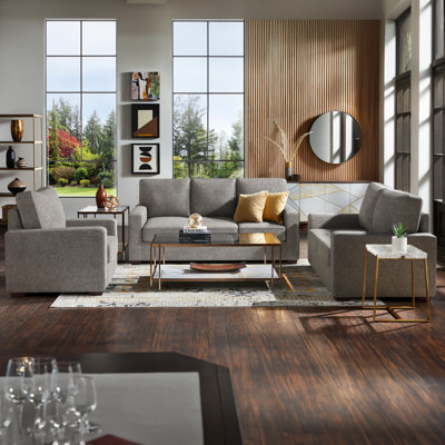 Beaulah Modern Fabric Upholstered Square Arm Sofa Set - Living Room Chair, Loveseat And Sofa
