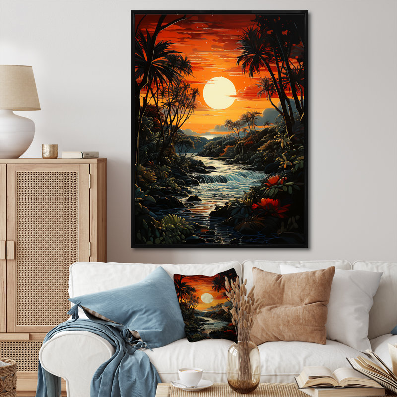 Palmiers Aydee, pointillisme tropical VI, H 32 po x l 16 po x P 1 po, Cadre flottant noir