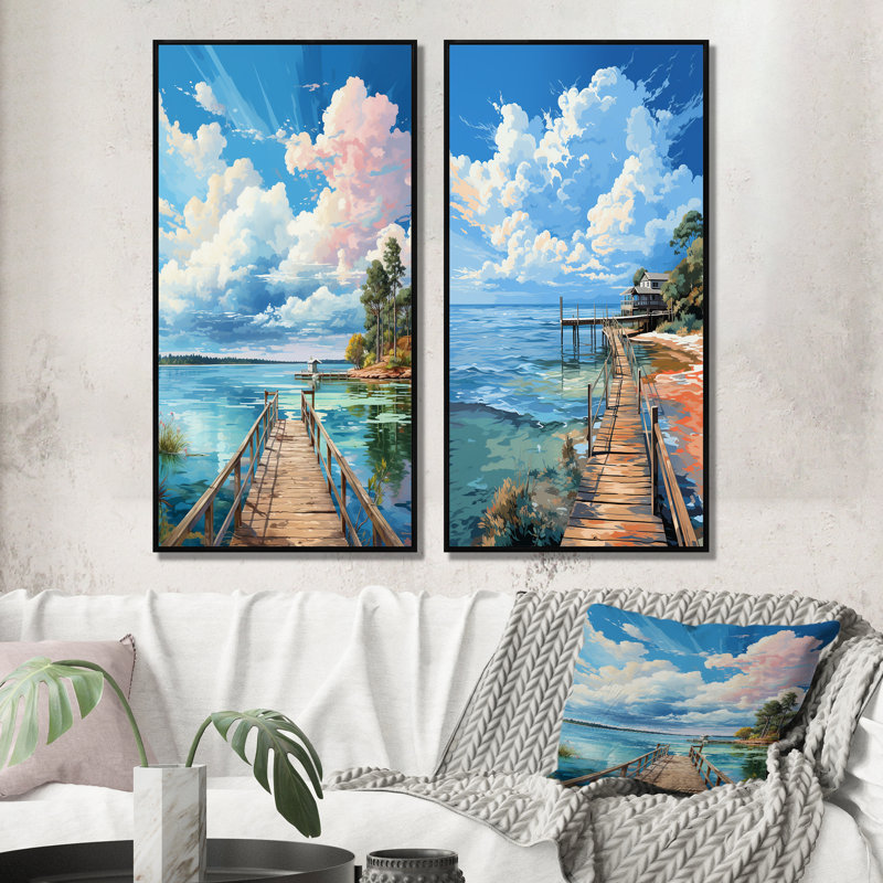 «Pier And Dock Seaside», 2 pièces, Cadre noir, H 32 po x l 32 po