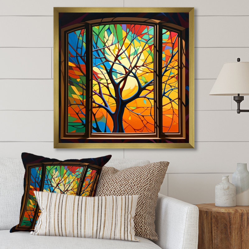 Fleurs de fenêtre jaunes et brunes de Rolandson sur toile, H 16 po x l 16 po x P 1 po, Encadrement doré