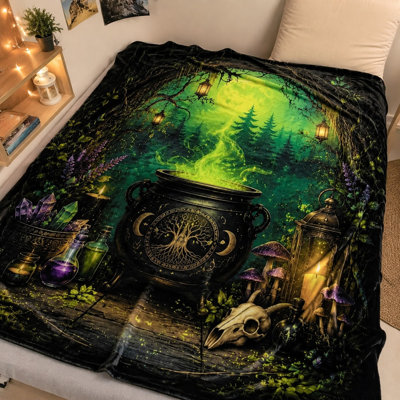 Mystical Forest Cauldron Throw Blanket, Enchanting Witchy Vibes Plush Bed Blanket for Sofa Couch Bedroom Living Room Home Decoration