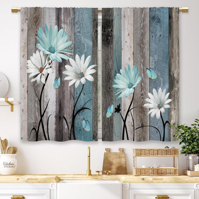 Rideaux de cuisine de style ferme turquoise à motifs de marguerites, rideaux de fenêtre de café, rideaux rustiques à fleurs et papillons, rideaux courts, 2 panneaux