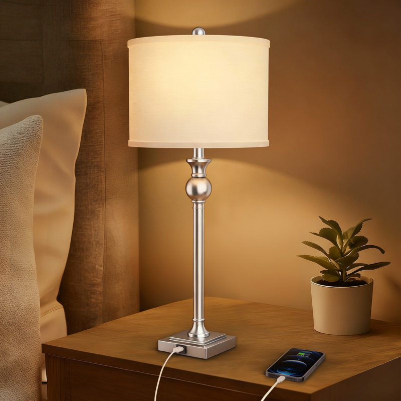 Augrave 28" Modern Polished Nickel Metal Table Lamp with USB Port and Empire Shade, Polished Nickel