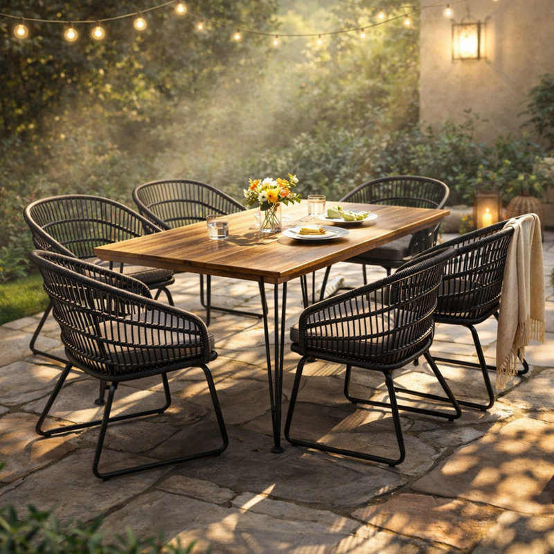 Ensemble repas d'extérieur pour 6 avec table rectangulaire et chaises en rotin