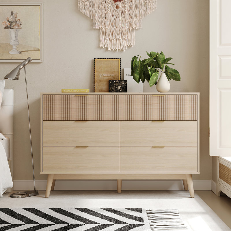 Printed Grey 6-Drawer Dresser - Striped Surface and Gold Metal Handles, Natural Oak