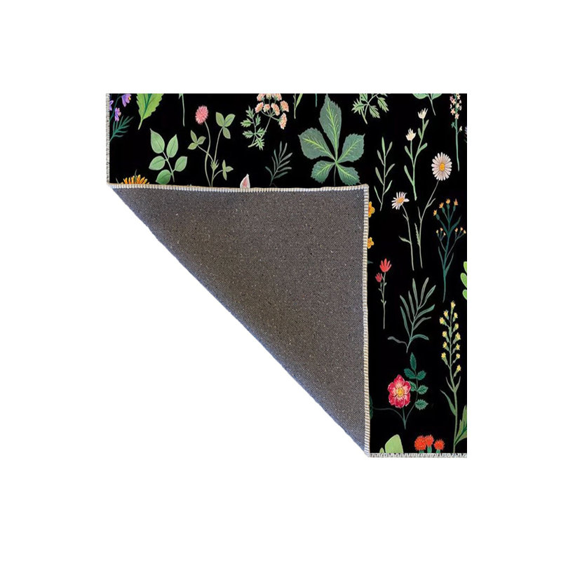 Tapis noir lavable à motif floral noir, Sous-tapis rectangulaire 5 pi 1 po x 7 pi 7 po inc