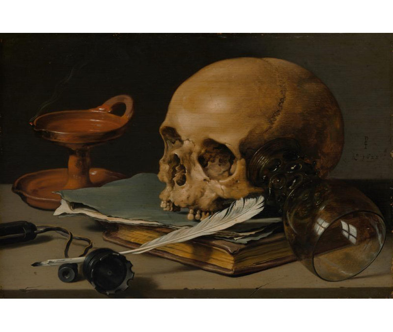 "Nature morte avec un crâne et une plume d'écriture" par pieter claesz, reproduction d'art sur toile tendue
