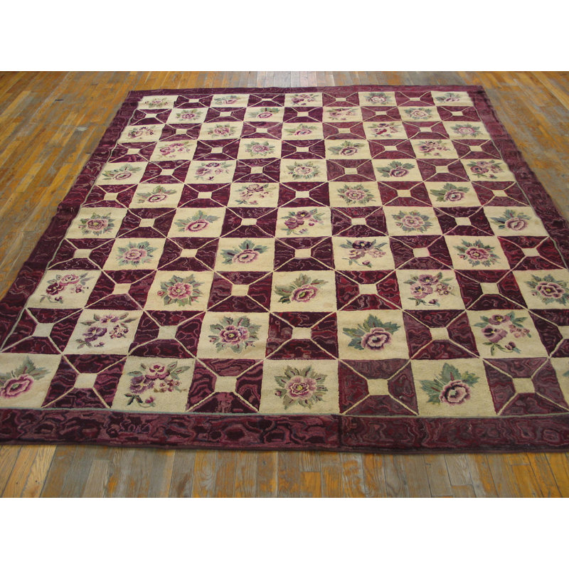 1920s Wool Hooked Antique Allover Geometric American Ivory Beige Cream White Rug
