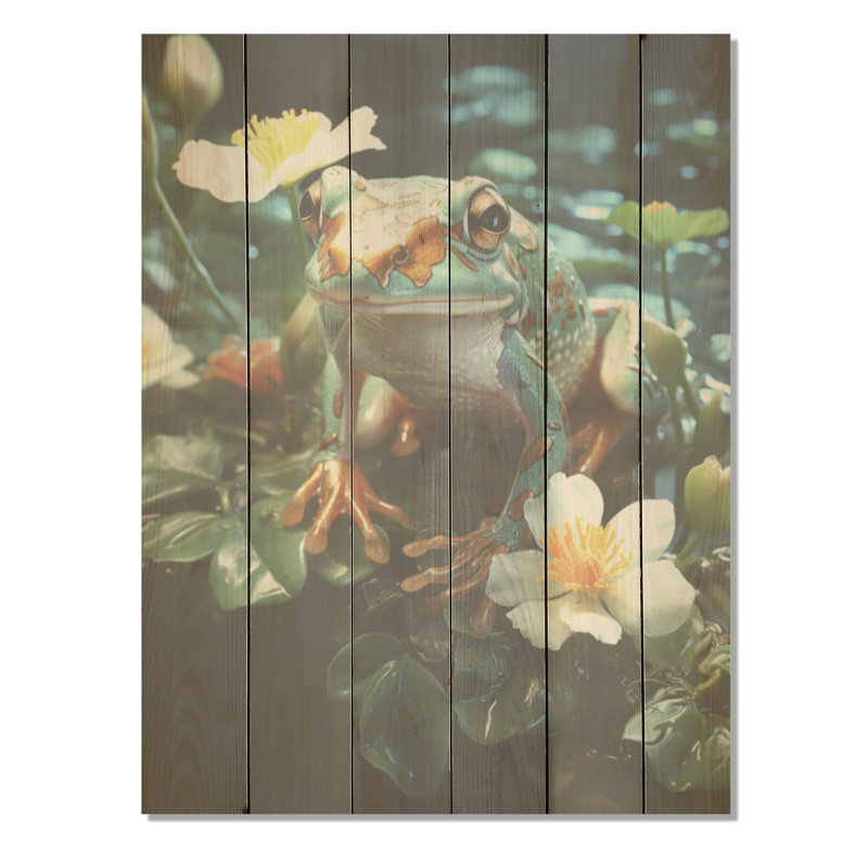 «Green Frog On Glass Effect I», art mural sur bois de pin naturel, grenouilles et crapauds, H 40 po x l 30 po