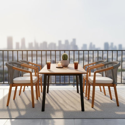 5-Piece Teak Outdoor Dining Set with 4 Grey Rope Weave Armchairs & Cushions