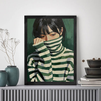 Modern Black Framed Wall Art Decor Boy Scarf Around His Neck Art Print for Living Room Bedroom Home Office Decor Ready to Hang