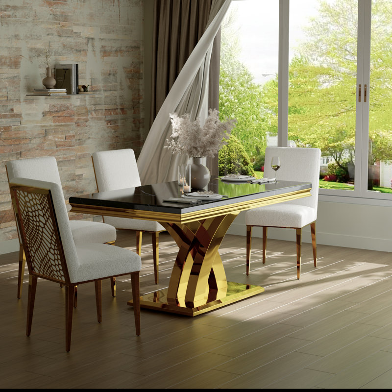 Ensemble de table de salle à manger 65 pouces en faux marbre avec 4 chaises blanches Boucle, 5 pièces: table, 4 chaises