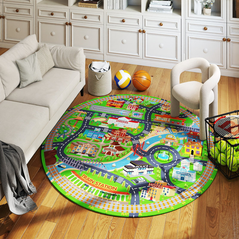 Round 47inch Children's Area Rug,Children's Town Pattern, Faux Cashmere Non-Slip Carpet, Suitable for Living Room, Bedroom, Children's Room, Home Decor