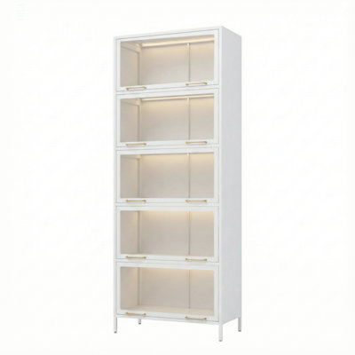 Tall Iron Display Cabinet with Glass Doors, 5-Tier Steel Barister Bookcase with LED Lights for Collectibles, Modern Style Curio Cabinet for Home Living Room Office Study and Playroom