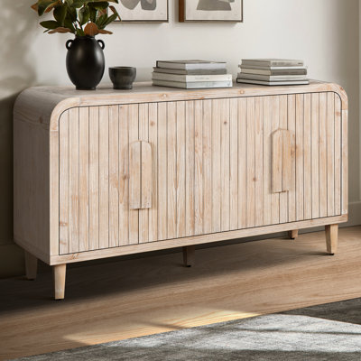 Buffet courbé 59 po avec poignées en bois énormes, tablettes réglables pour la cuisine, la salle à manger, grain vertical délavé au bois naturel, repas massif
