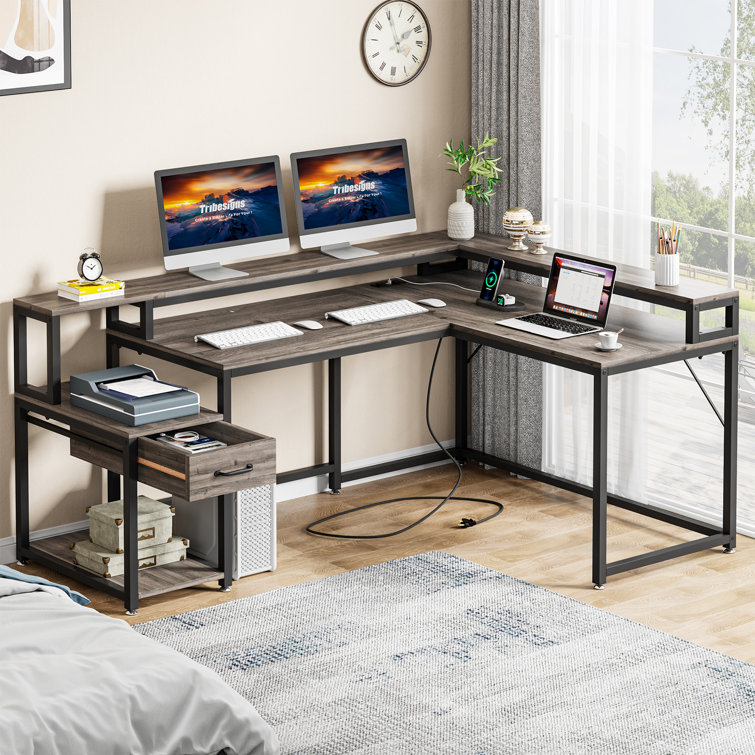 Reversible L-Shaped Desk, 67 Large Computer Writing Desk with Hutch