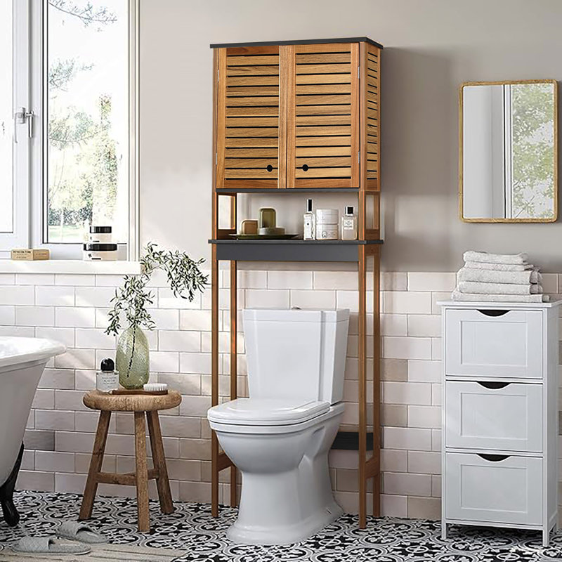 Over The Toilet Storage Cabinet with Double Vented Doors and Open Shelf, Brown and Gray - Elements Collection