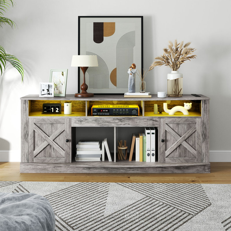 70" Farmhouse TV Stand, Modern Media TV Console Table With Timeless Barn Doors & Storage Cabinets, Gray