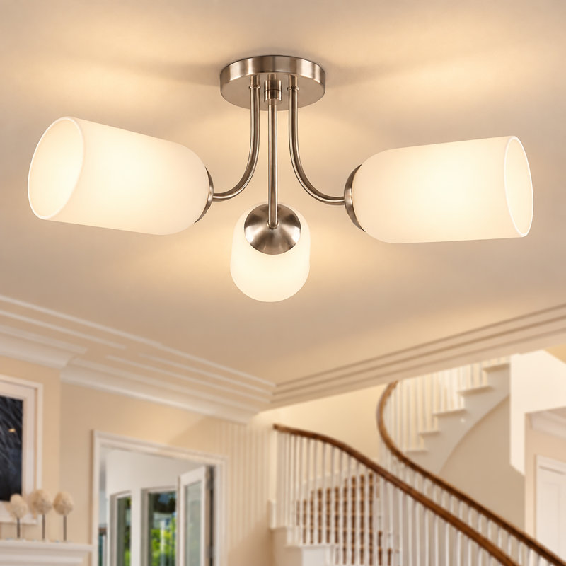 Plafonnier semi-encastré 3 lumières avec abat-jour cylindrique givré l 22 po à 3 lumières, Nickel