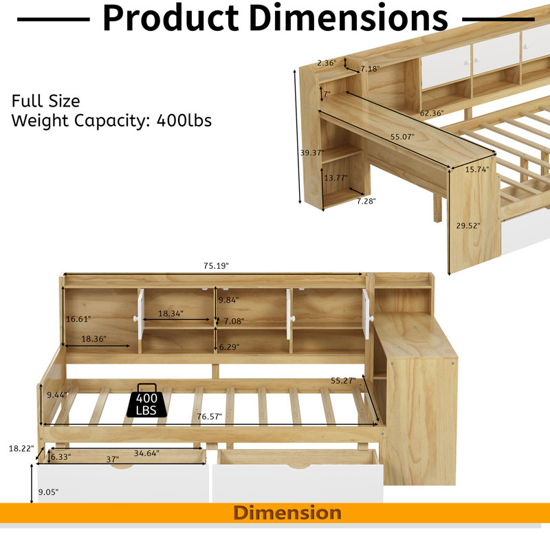 Wooden L-Shape Daybed With Seven Storage Cabinets And Two Storage Drawers, Multi-Functional Bed With Study Desk And Built-In Bookshelf