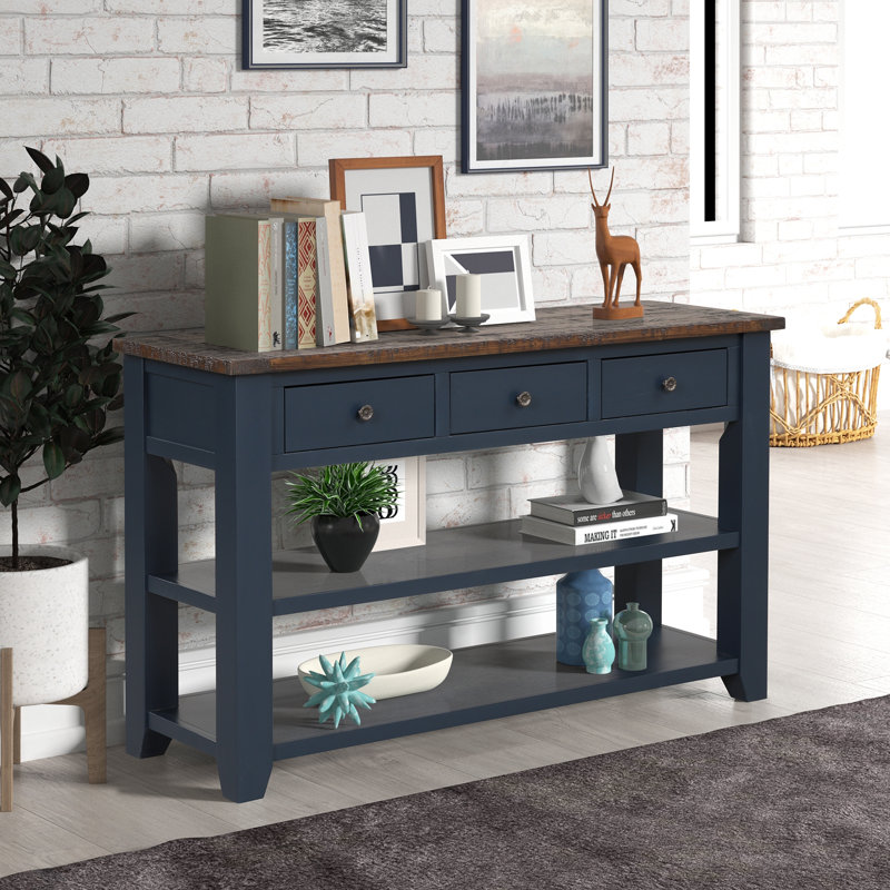 Console moderne en bois de pin massif avec 3 tiroirs de rangement et 2 tablettes