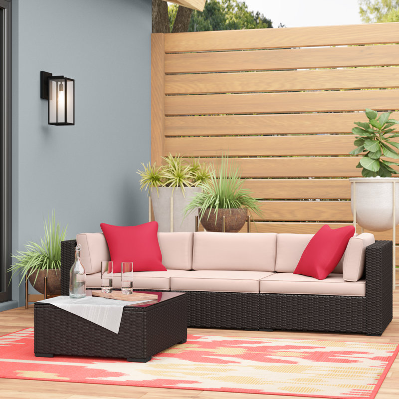 Ensemble de conversation modulaire en rotin avec coussins 4 pièces Barbour, Beige / Rouge
