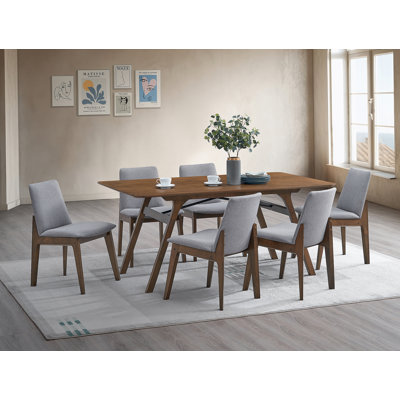 Casual Dining Furniture Set 7Pc Walnut Finish Dining Table And Upholstered Chairs Wooden Kitchen Set