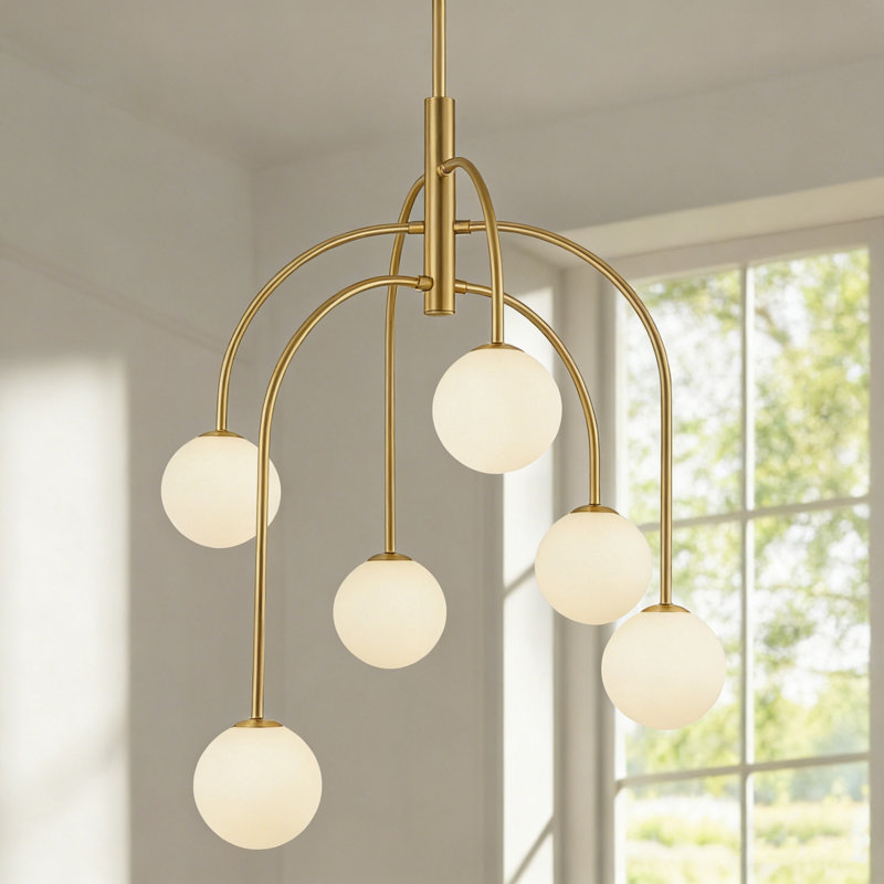 Lustre linéaire spoutnik moderne à 6 lumières avec abat-jour en verre blanc, 6
