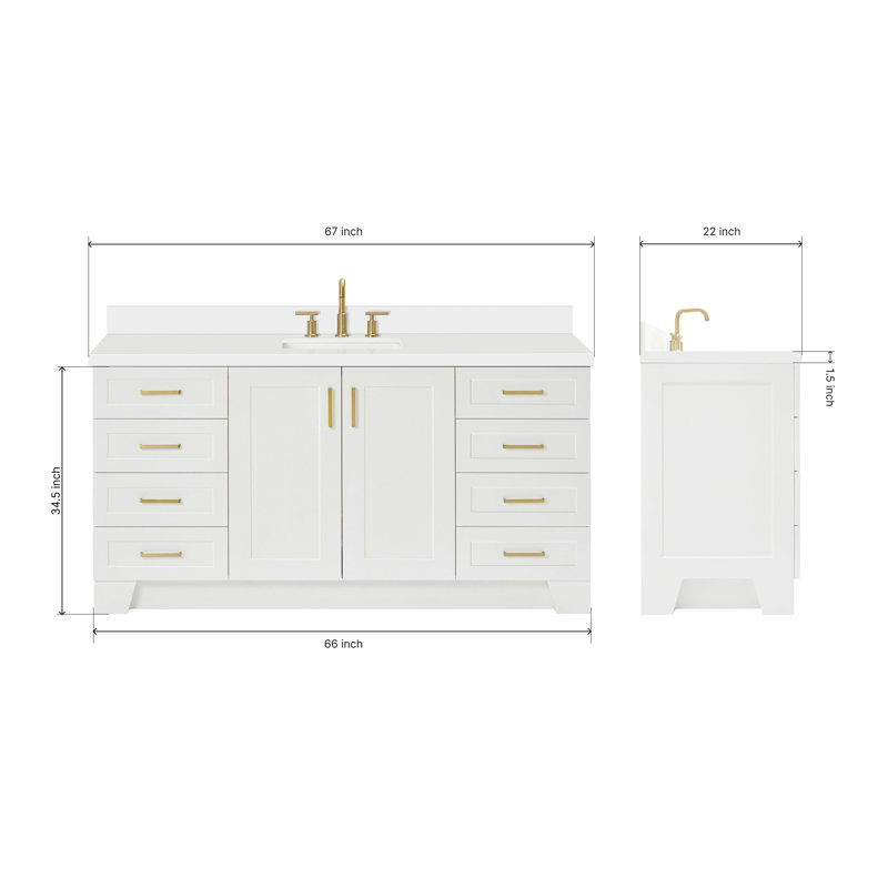 Meuble-lavabo simple en bois massif 67 po Frawley en blanc avec plateau en quartz blanc pur 1,5 po, évier central rectangulaire