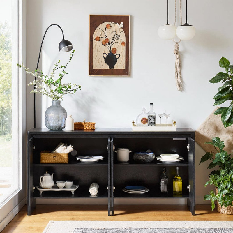 Buffet Bargamin Mid-Century avec tablettes réglables et trous de sortie, Noir