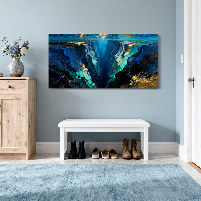 Paysage et nature, profondeurs océaniques abstraites avec accents dorés, H 28 po x l 58 po