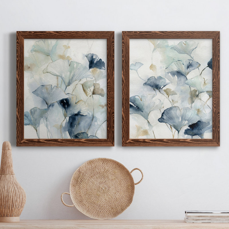 Indigo Ginkgo I - peinture sur toile 2 pièces, Cadre en érable, H 43,5 po x l 31,5 po x P 1 po