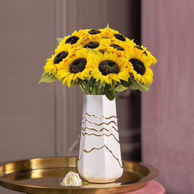 10 pièces de fleurs de tournesol artificielles et 1 pièce de vase en verre à fleurs longues tiges de faux tournesols en vrac pour l'automne