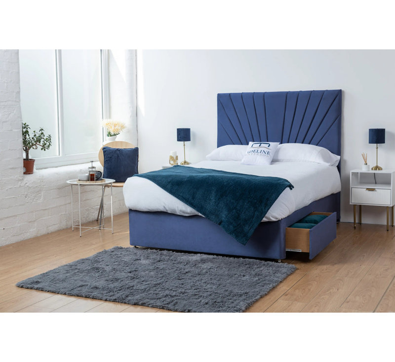 Royal Plush Fabric Divan Bed Set with 20'' Sunburst Headboard, 10'' Spring Memory Foam Mattress, and 2 Drawers, Blue