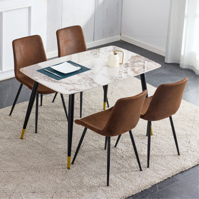 Table And Chair Set.48.4*28 Inch Sintered Stone Dining Table Set -  Dining Chairs With Curved Widened Cushion Design.White Pandora Patterned Rock Slab Desktop.