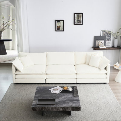 Mid-Century Modern Living Room Furniture , 3 White Chenille With 2 Armrest Pillows And 3 Toss Couch, Aesthetic, & Pillows, Solid Wood, High Breathable Fabric, Delightful Seating Spot
