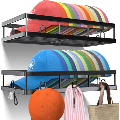2 Packs Black Metal Wall Hat Rack with Multiple Hooks - Holds 40 Baseball Caps, Sturdy Drilled Rack for Door/Closet