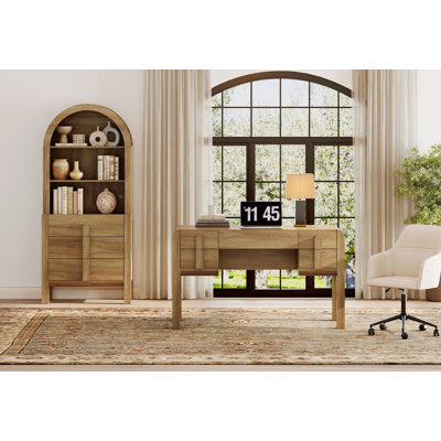 Ensemble de bureau 2 pièces, bureau de direction moderne de 53,5 po avec station de charge et tiroirs et bibliothèques arquées à 3 niveaux de hauteur de 71 po de hauteur avec rangement ouvert pour le salon, la chambre à coucher et le bureau à domicile