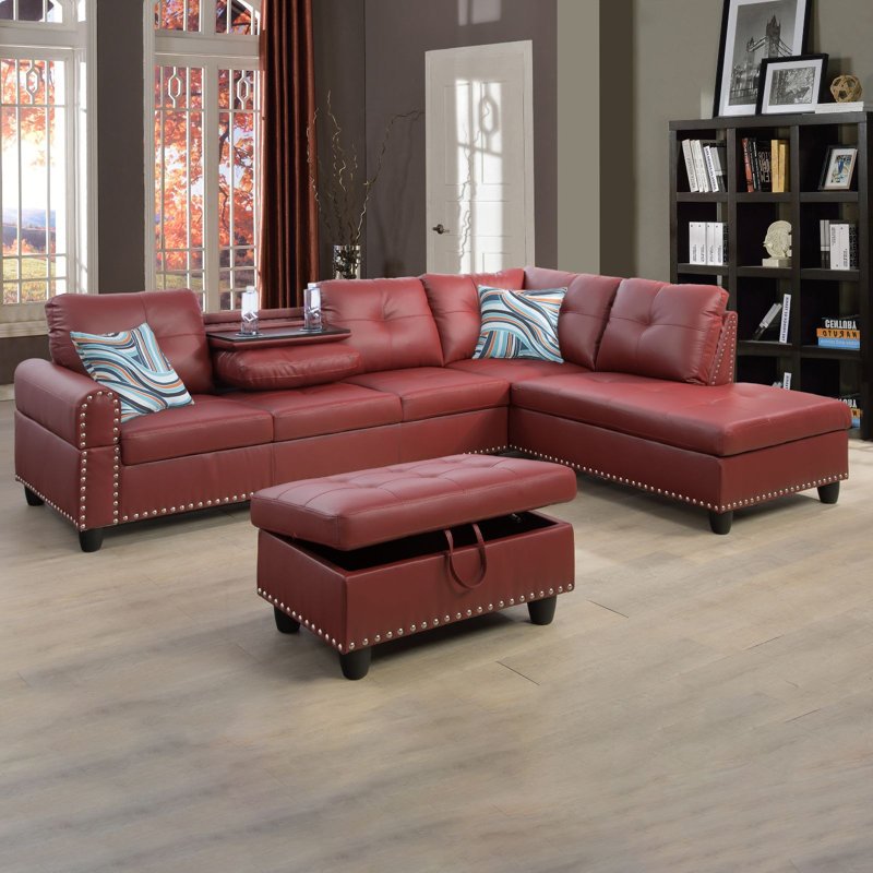 Canapé modulaire en similicuir 97 po avec repose-pieds Aamanah, Similicuir rouge, Accoudoir à droite (vu de face)