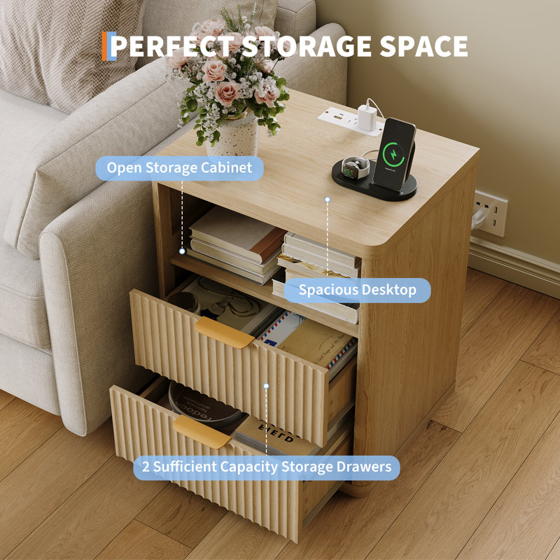 Table de chevet cannelée avec station de charge, table de chevet moderne avec 1/2/3 tiroirs et rangement ouvert, poignées en métal, bord arrondi, pour la chambre à coucher et le salon