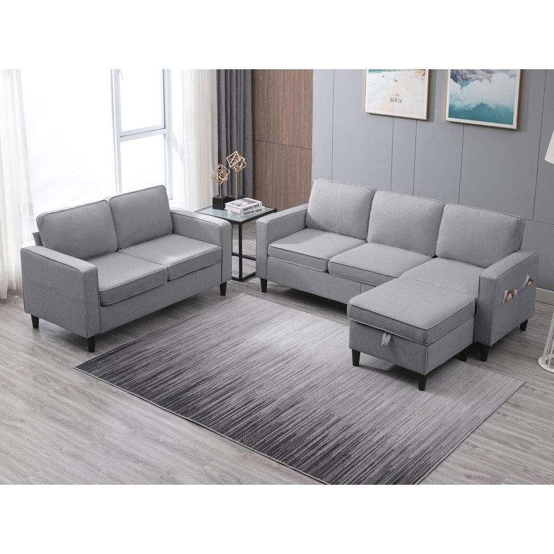 Ensemble de salon 3 pièces comprenant un canapé avec repose-pieds et causeuse, gris clair, Gris clair