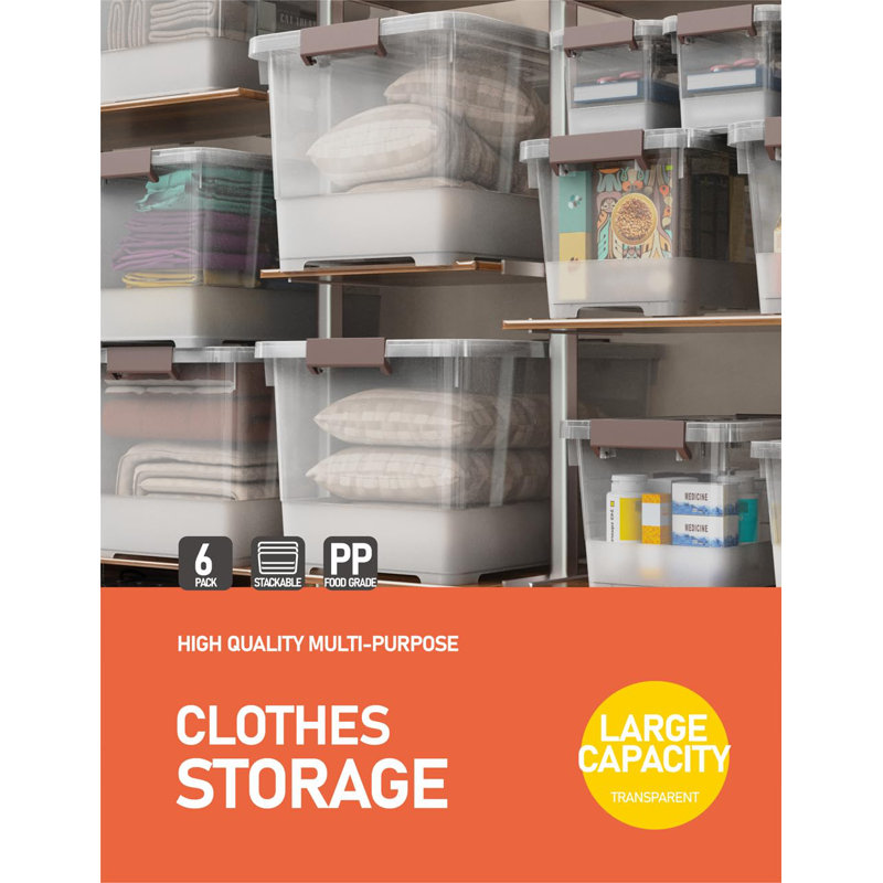 53qt Clear Plastic Storage Bin with Lids and Latch Buckle, Tote Organizing Box Stackable and Nestable, Set of 6, 53 qt.
