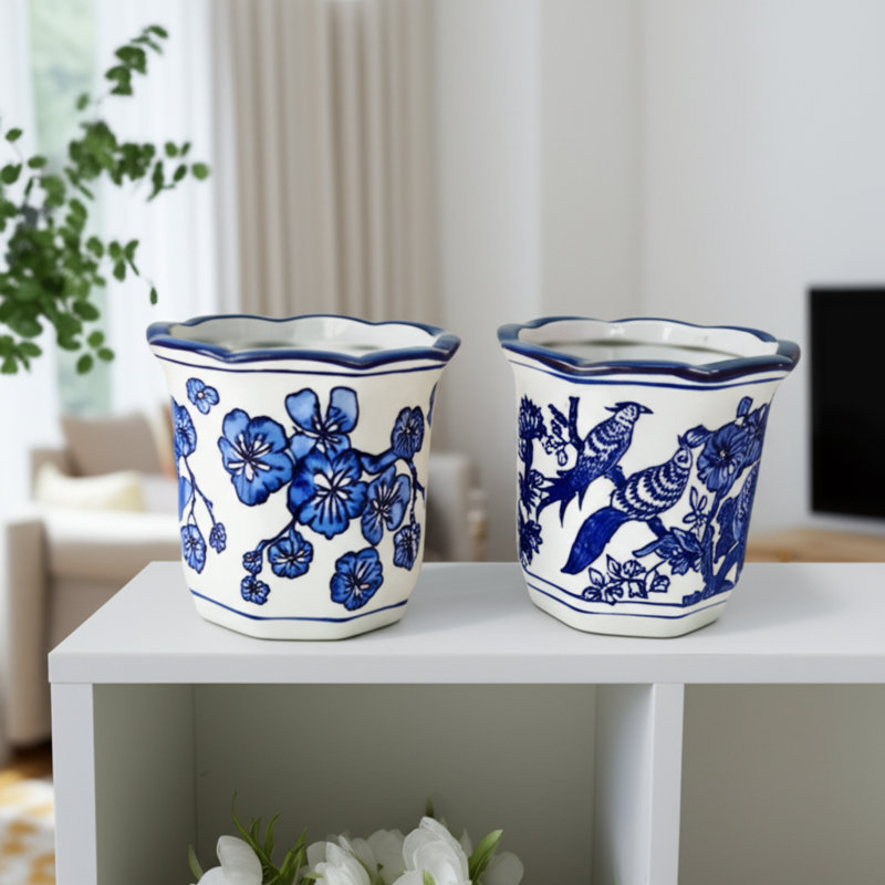 Contenants de rangement en grès cérame à motif floral et scénique traditionnel Glam Decor pour la maison ou le bureau, ensemble de 2 à 4 po - bleu et blanc