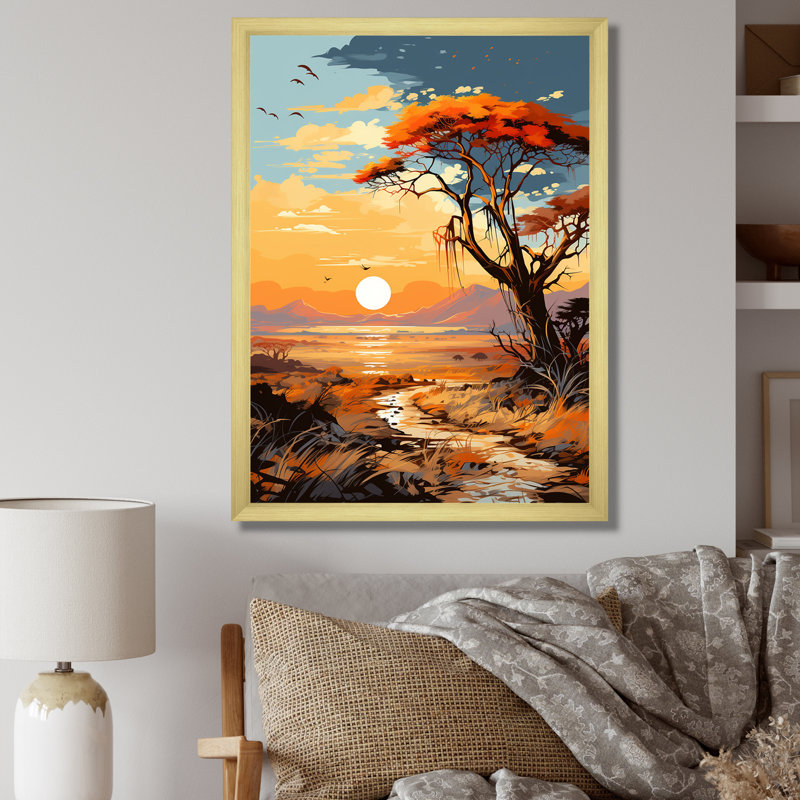 Coucher de soleil africain, savane, harmonie II - arbre, art mural africain, Cadre flottant brun, H 32 po x l 24 po x P 1 po