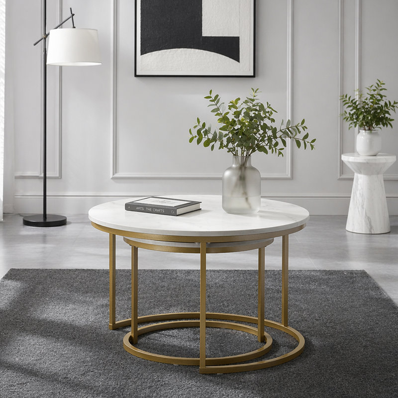 Ensemble de 2 tables basses gigognes 27,6 po, plateau de table rond en marbre et structure en métal robuste, tables d'appoint de table de bout pour le salon, la chambre et le balcon