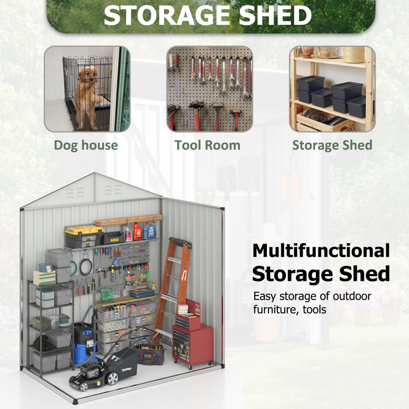 Outdoor Metal Storage Shed with Updated Frame Structure and Lockable Doors, 72.5" H x 67.4" W x 42.1" D