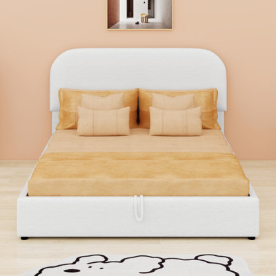 Teddy Fleece Upholstered Platform Bed With Hydraulic Storage System,Curved Upholstered Headboard And Slat Support
