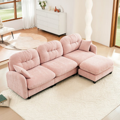 Ensemble de 3 canapés modulaires roses en chenille avec dossier coussiné, matériau chenille, combinaison flexible, lecture