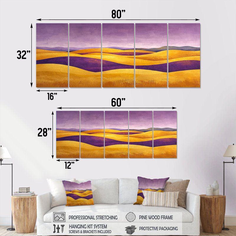 «Countryside Golden Hills At Twilight I» - art mural campagne - ensemble d'art mural campagne, H 28 po x l 60 po, 5