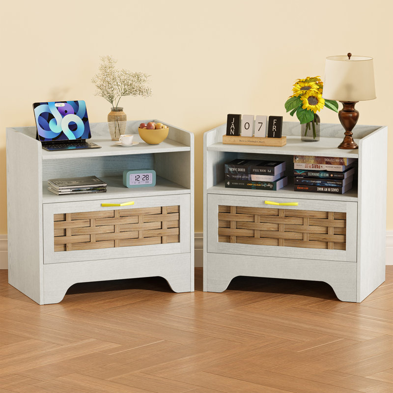 Nightstand with Storage Set of 2, Rattan Boho Bedside Table with Drawer, White, Set of 2